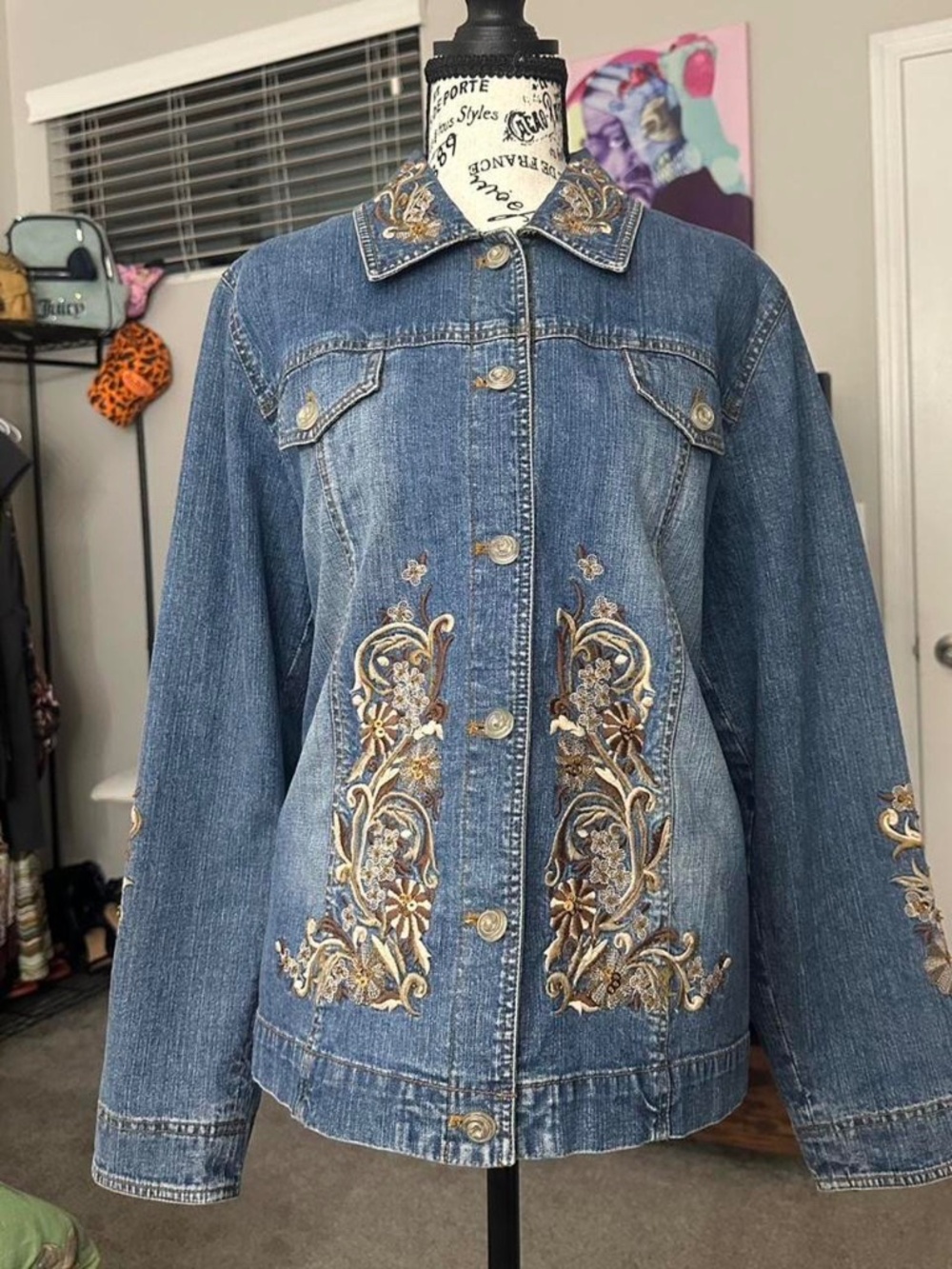 Fully Embroidered Denim jacket with Brown and Gold floral embroidery/beading wit
